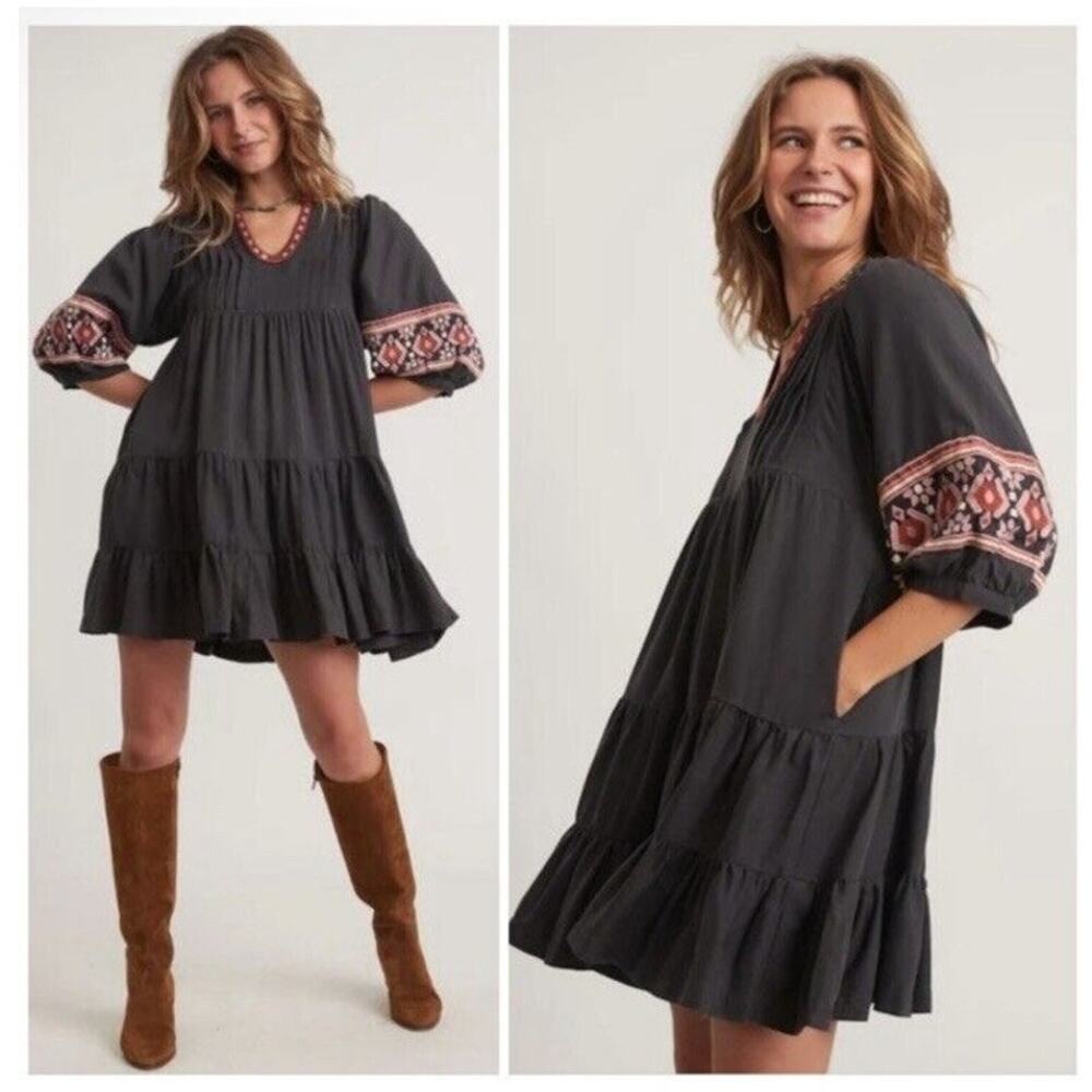 New MARINE LAYER BOHO Grey Embroidery Olema Mini Babydoll Dress Women Large